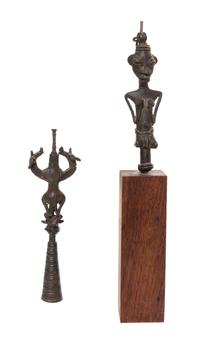 Two African Cast Bronze Staff Heads, Height of taller object 7 1/4 inches.
