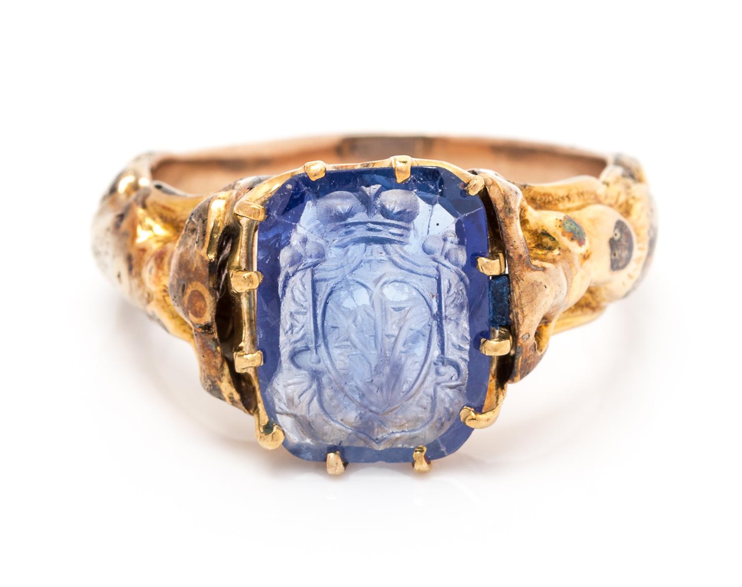 A Victorian Yellow Gold and Sapphire Intaglio Ring, 3.40 dwts.