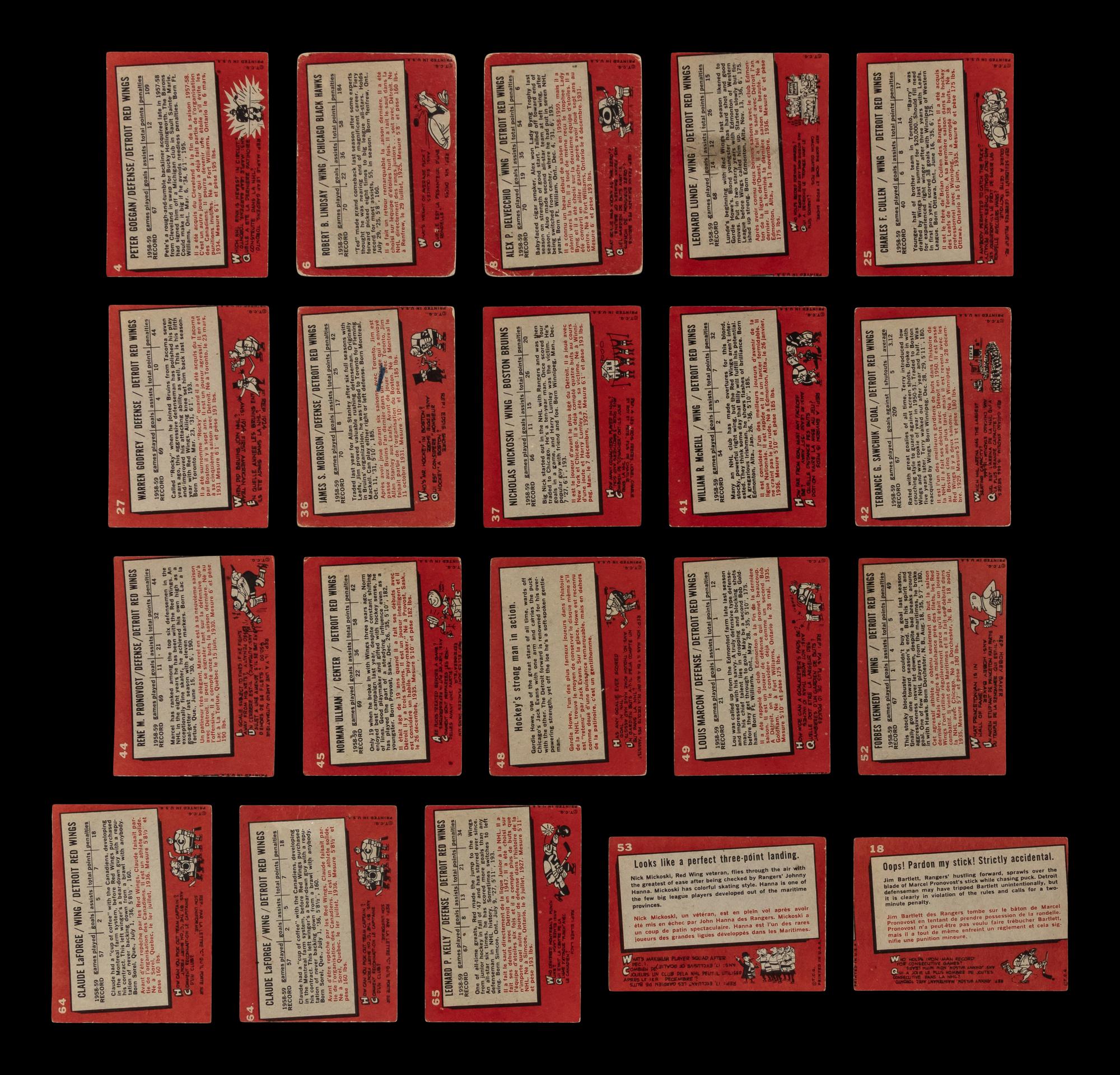 A Collection of Detroit Red Wings 1959 Topps Hockey Cards (20)