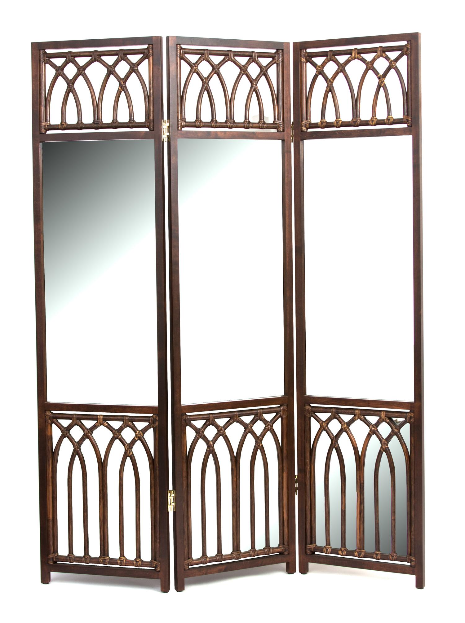 A Three Panel Mahogany, Rattan and Mirrored Floor Screen Each panel 89 x 22 1/2 inches. — 20TH CENTURY