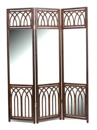 A Three Panel Mahogany, Rattan and Mirrored Floor Screen Each panel 89 x 22 1/2 inches. — 20TH CENTURY