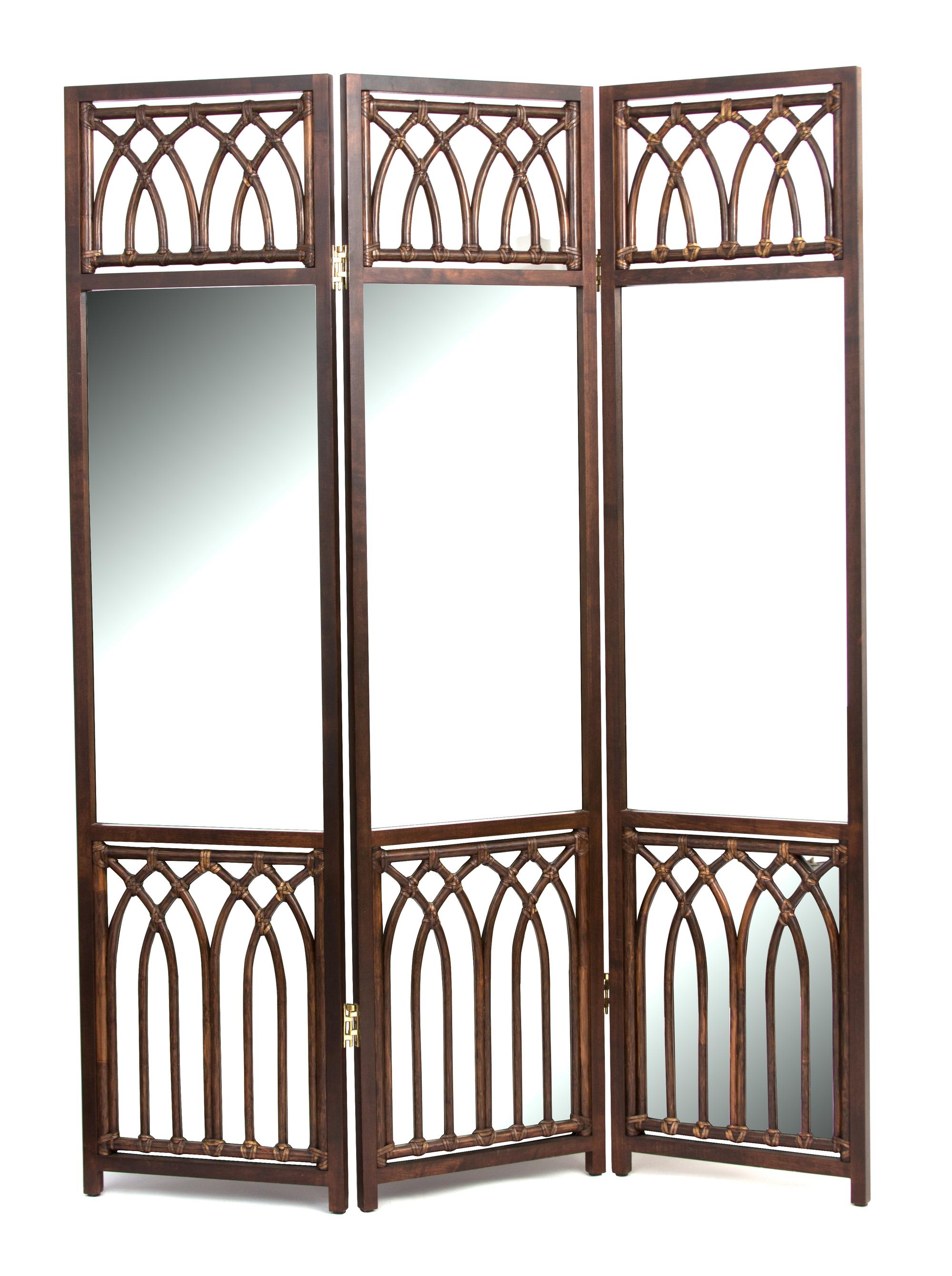 A Three Panel Mahogany, Rattan and Mirrored Floor Screen Each panel 89 x 22 1/2 inches. — 20TH CENTURY