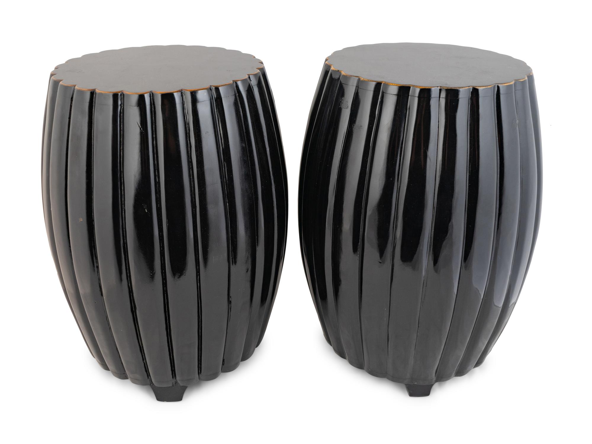 A Pair of Japanese Black Lacquered Melon-Form Garden Stools — 20TH CENTURY