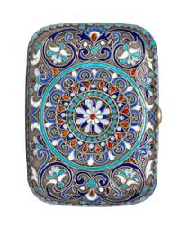 A Russian Enameled Silver Change Purse, Moscow, late 19th Century, of rectangular form with geometric and stylized foliate decoration,