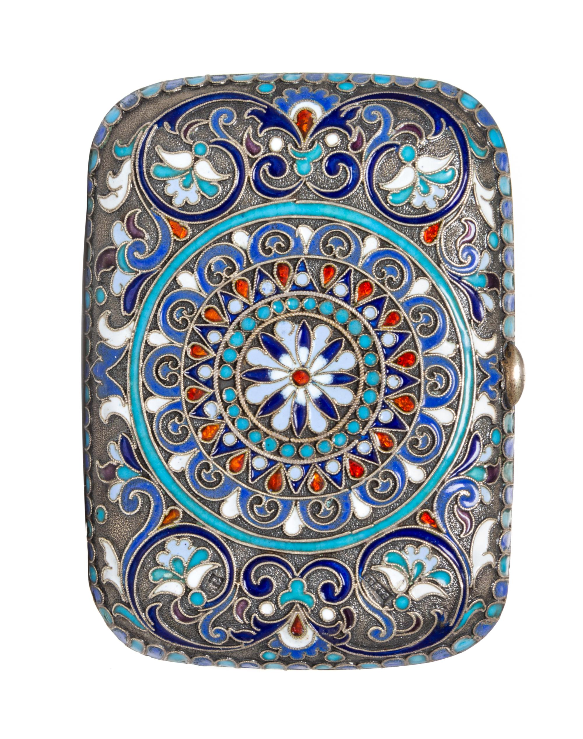 A Russian Enameled Silver Change Purse, Moscow, late 19th Century, of rectangular form with geometric and stylized foliate decoration,