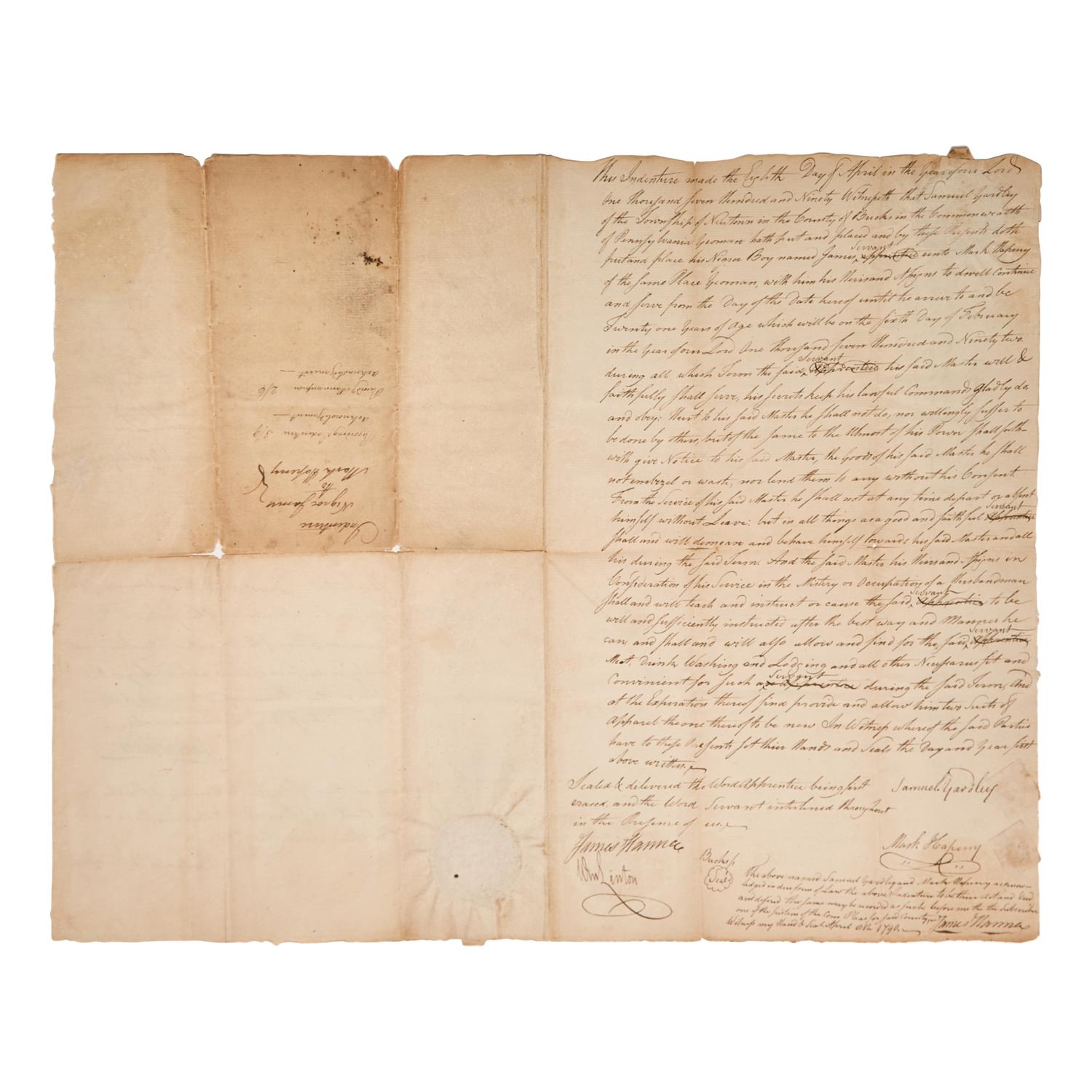 [African-Americana] [Abolition] Yardley, Samuel. Manuscript Indenture of Servitude and Manumission