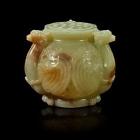 A Chinese carved greyish celadon and beige jade archaistic "Birds" vessel and cover Qing Dynasty, 18th/19th Century