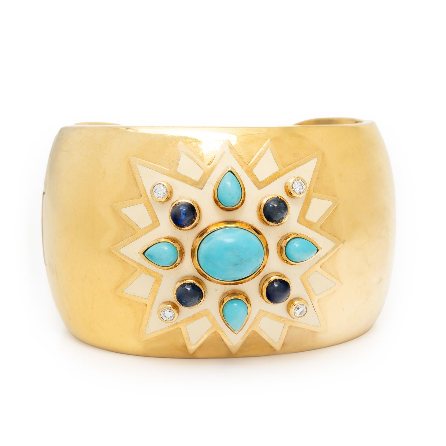 YELLOW GOLD, TURQUOISE, SAPPHIRE, DIAMOND, AND ENAMEL CUFF BRACELET