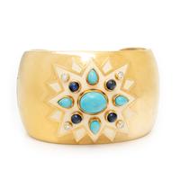 YELLOW GOLD, TURQUOISE, SAPPHIRE, DIAMOND, AND ENAMEL CUFF BRACELET