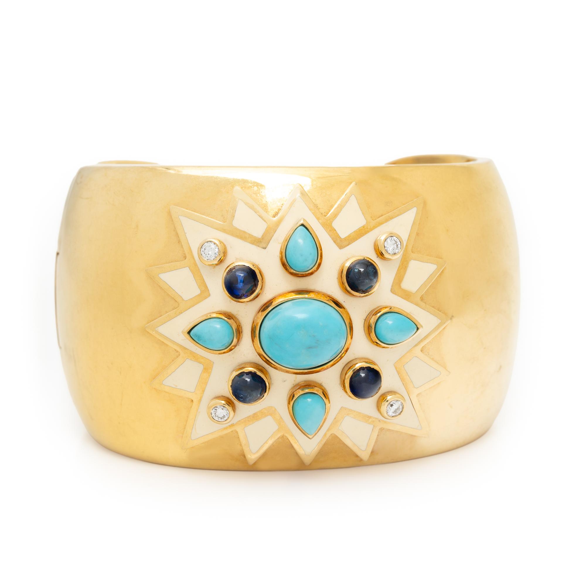 YELLOW GOLD, TURQUOISE, SAPPHIRE, DIAMOND, AND ENAMEL CUFF BRACELET