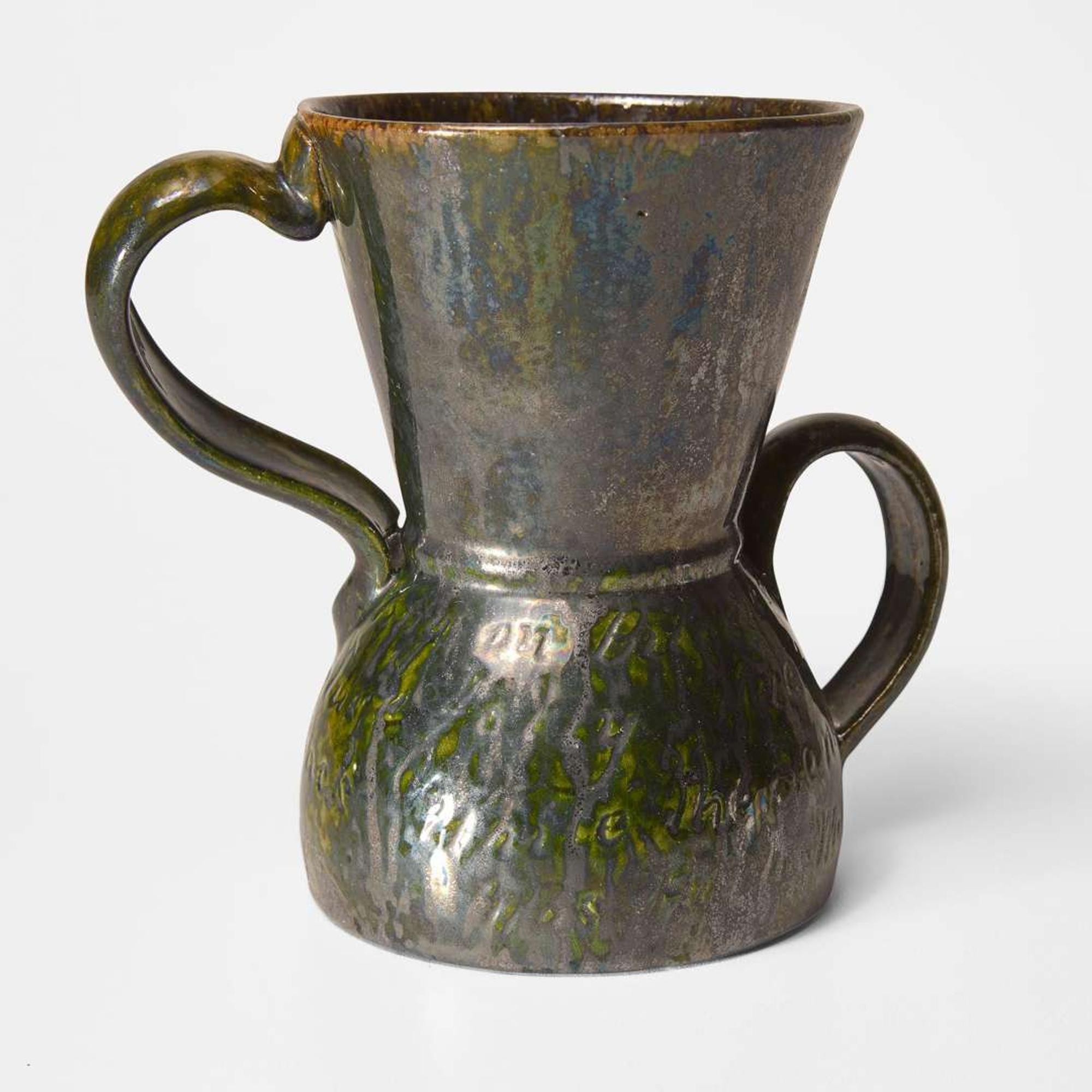 George Ohr (American, 1857-1918) Fine Large "Molly Poem" Twin-Handled Vessel in Olive Drip Glaze with Speckled Brown Interior, Biloxi, Mississippi, USA, circa 1898-1910