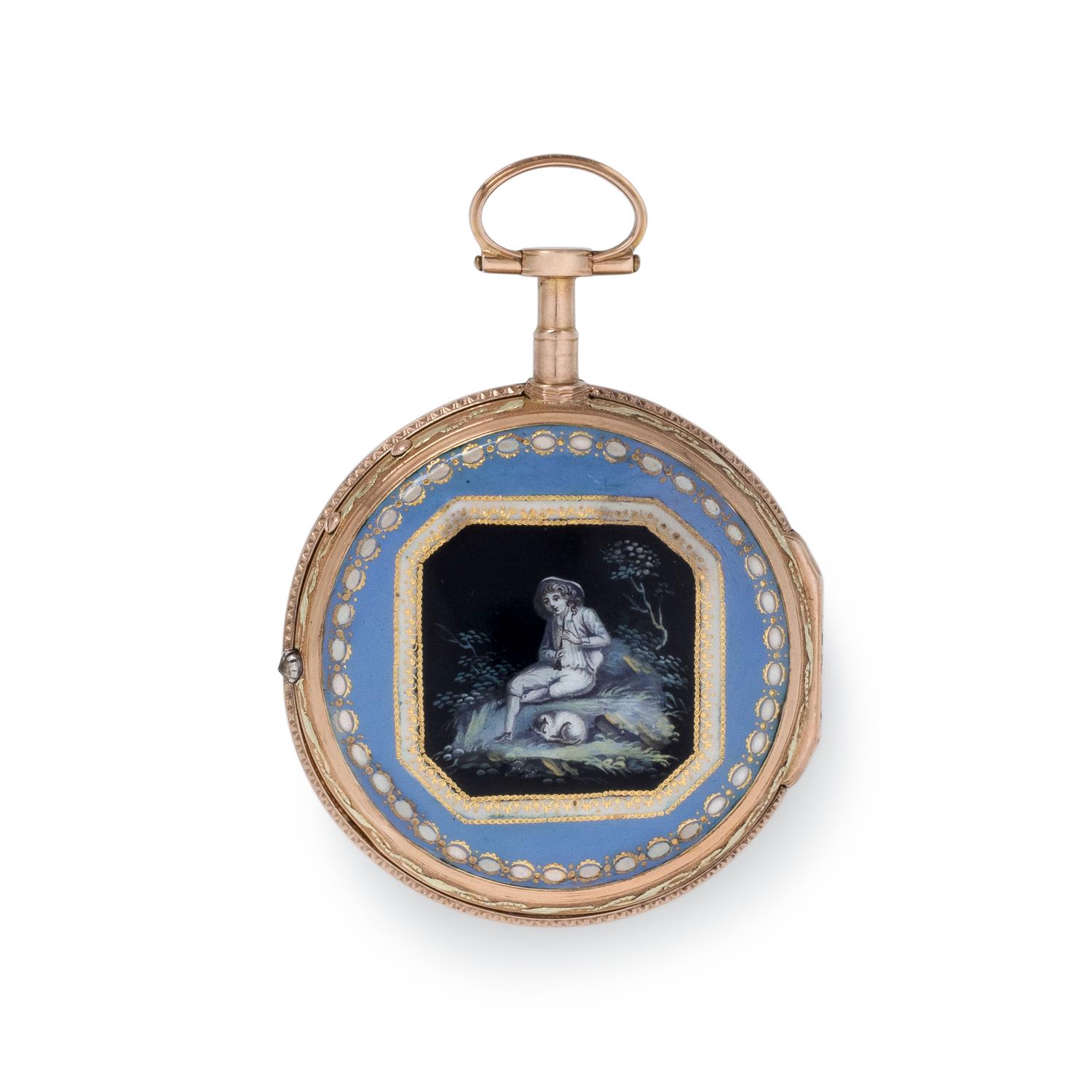 BORDIER, 18K PINK GOLD, PASTE AND ENAMEL OPEN FACE POCKET WATCH