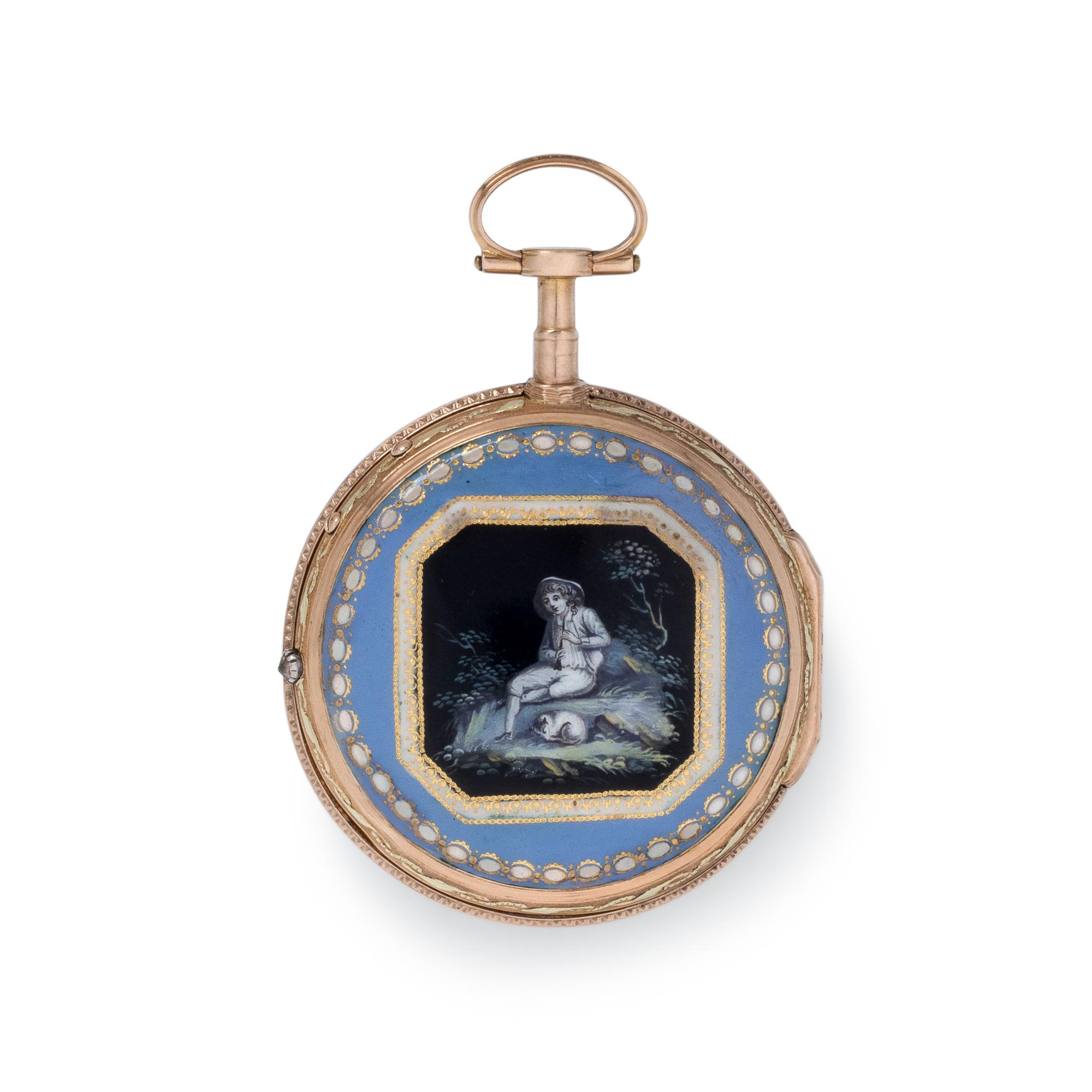 BORDIER, 18K PINK GOLD, PASTE AND ENAMEL OPEN FACE POCKET WATCH