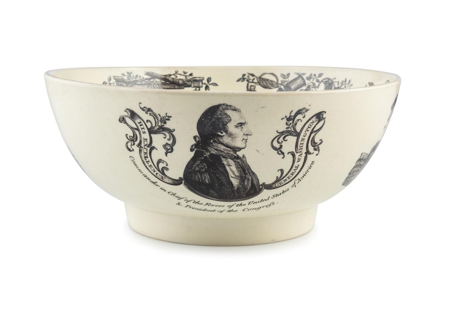 [ADAMS, John (1735-1826)]. Liverpool creamware punch bowl featuring portraits of John Adams as President, Benjamin Franklin, and George Washington. Late 18th/early 19th century.