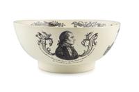 [ADAMS, John (1735-1826)]. Liverpool creamware punch bowl featuring portraits of John Adams as President, Benjamin Franklin, and George Washington. Late 18th/early 19th century.