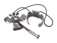 Navajo Silver and Turquoise Katsina Bolo Tie AND Cuff Bracelet