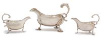 Three George III Silver Sauce Boats, London, 1758 and 1773, comprising one large boat with rubbed maker's mark, along with a smaller pa