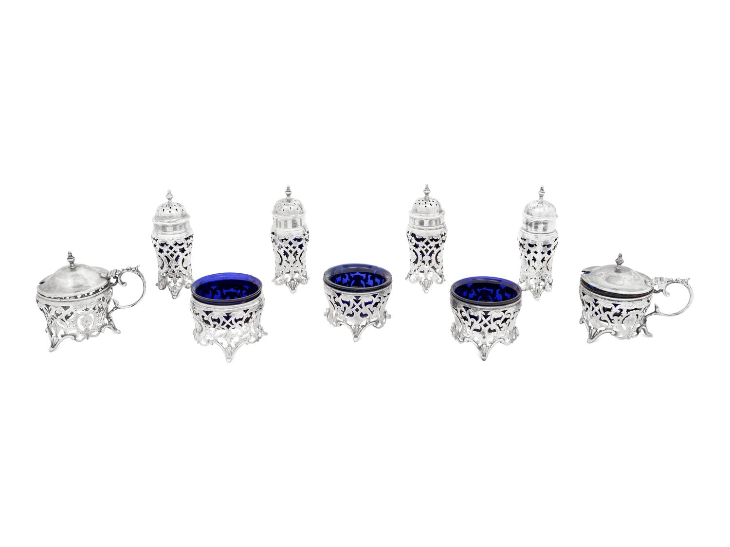 A Collection of Nine Canadian Silver and Cobalt Glass Table Articles