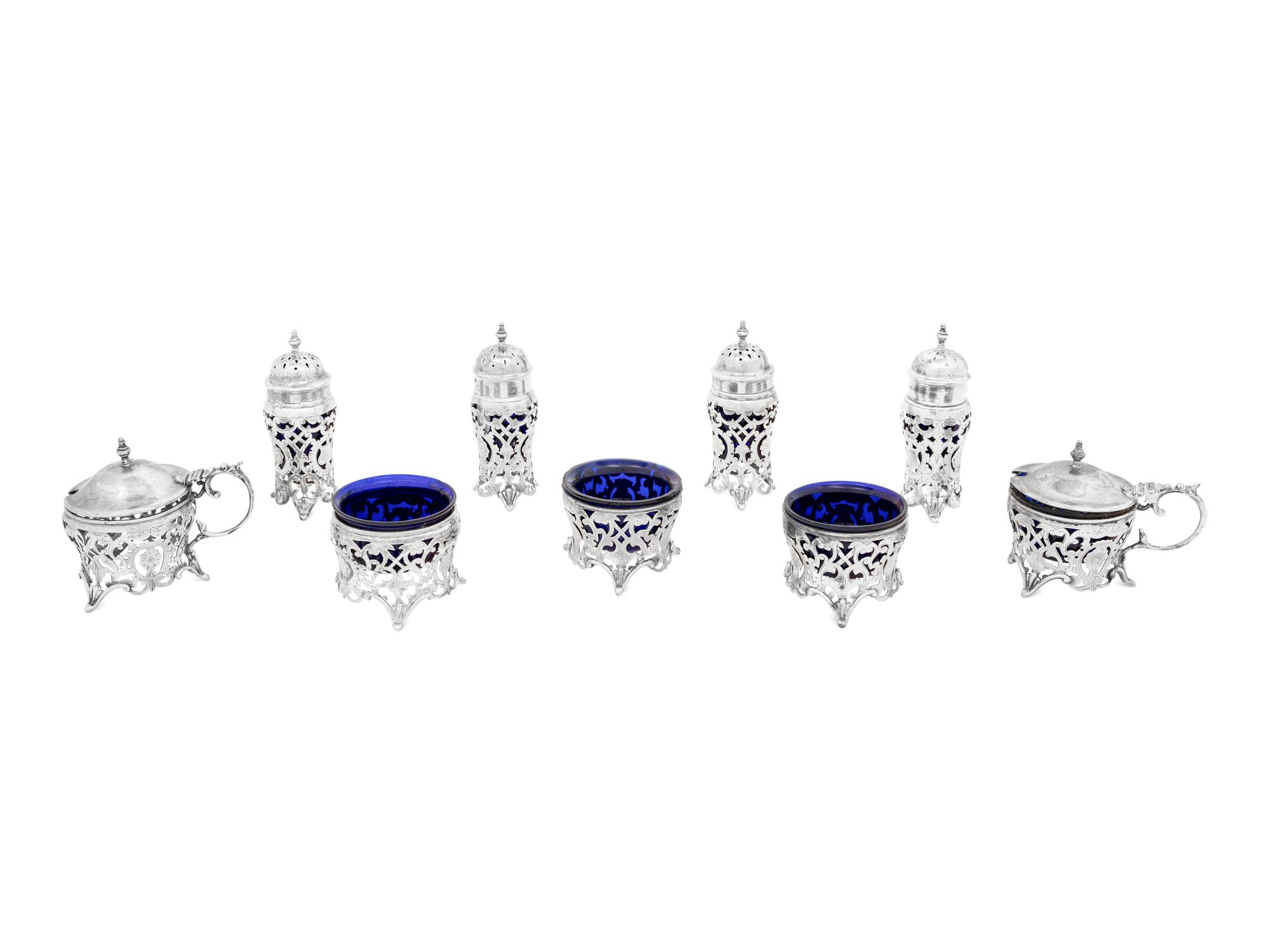A Collection of Nine Canadian Silver and Cobalt Glass Table Articles