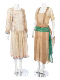 Three Dresses; One Printed Flower Dress, One White Dress, One Green Beaded Dress, 1920s*