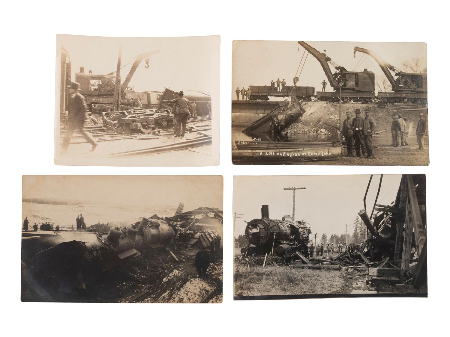 [RAILROADS]. A group of 71 RPPCs and photographs of trains, incl. train wrecks.