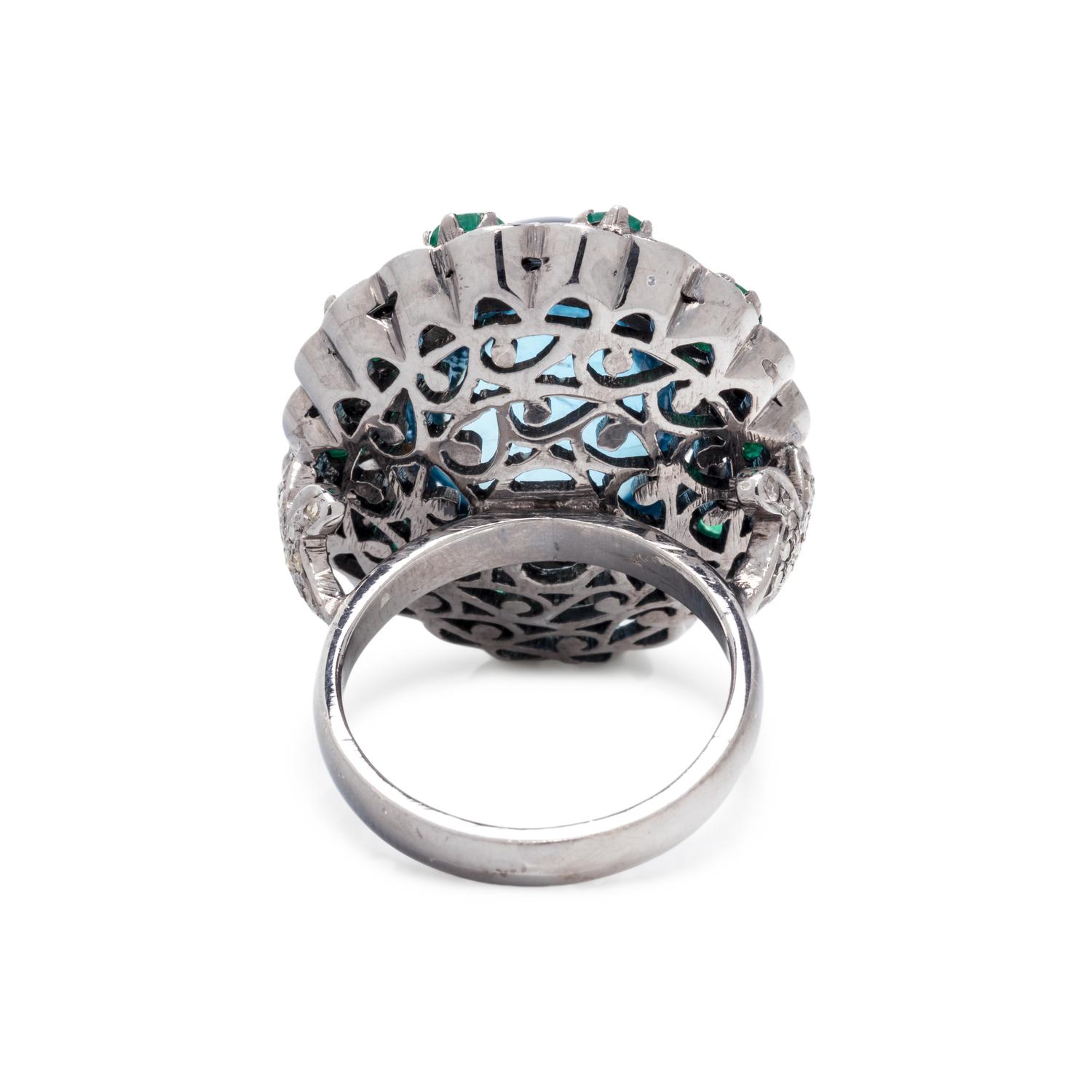 AQUAMARINE, EMERALD AND DIAMOND RING