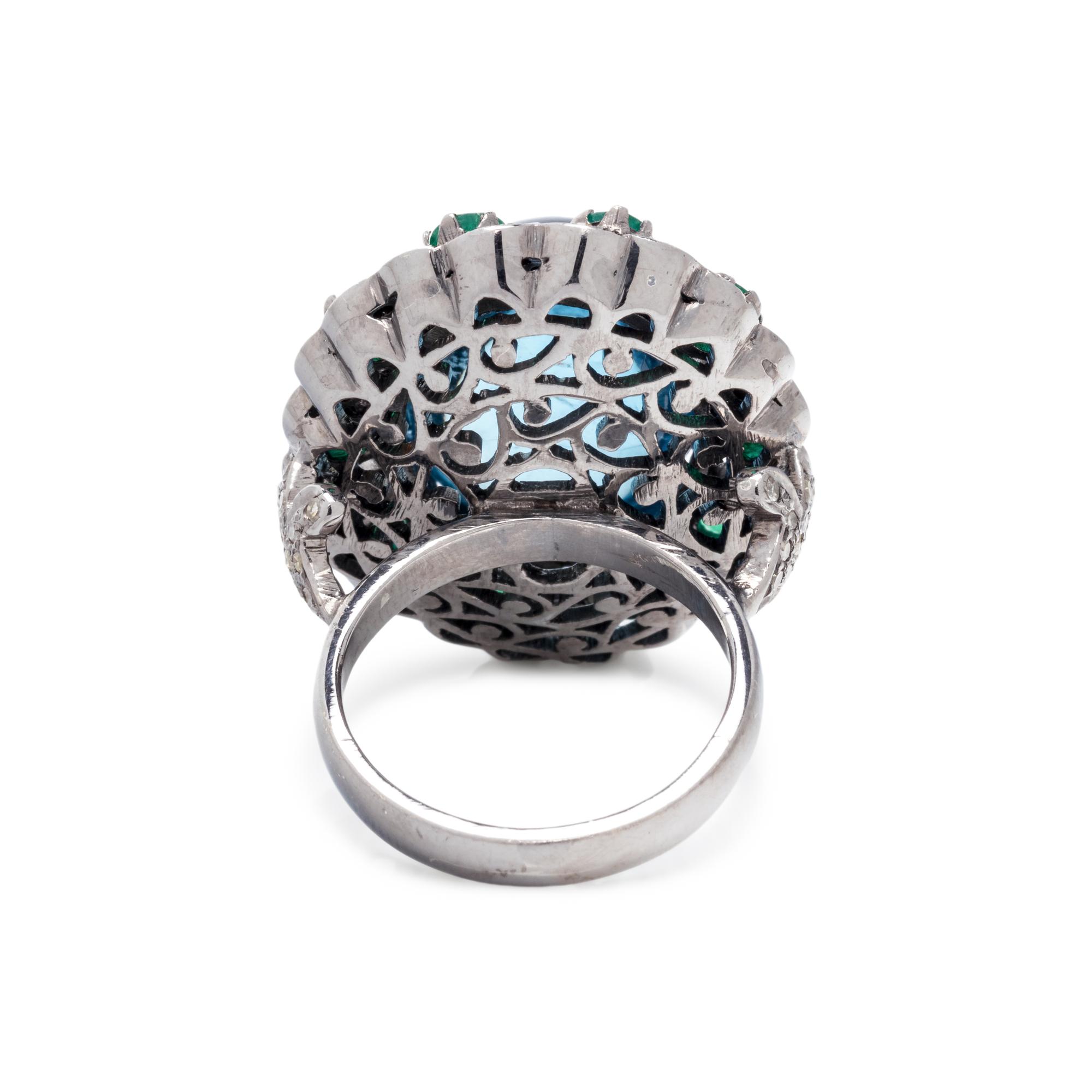 AQUAMARINE, EMERALD AND DIAMOND RING