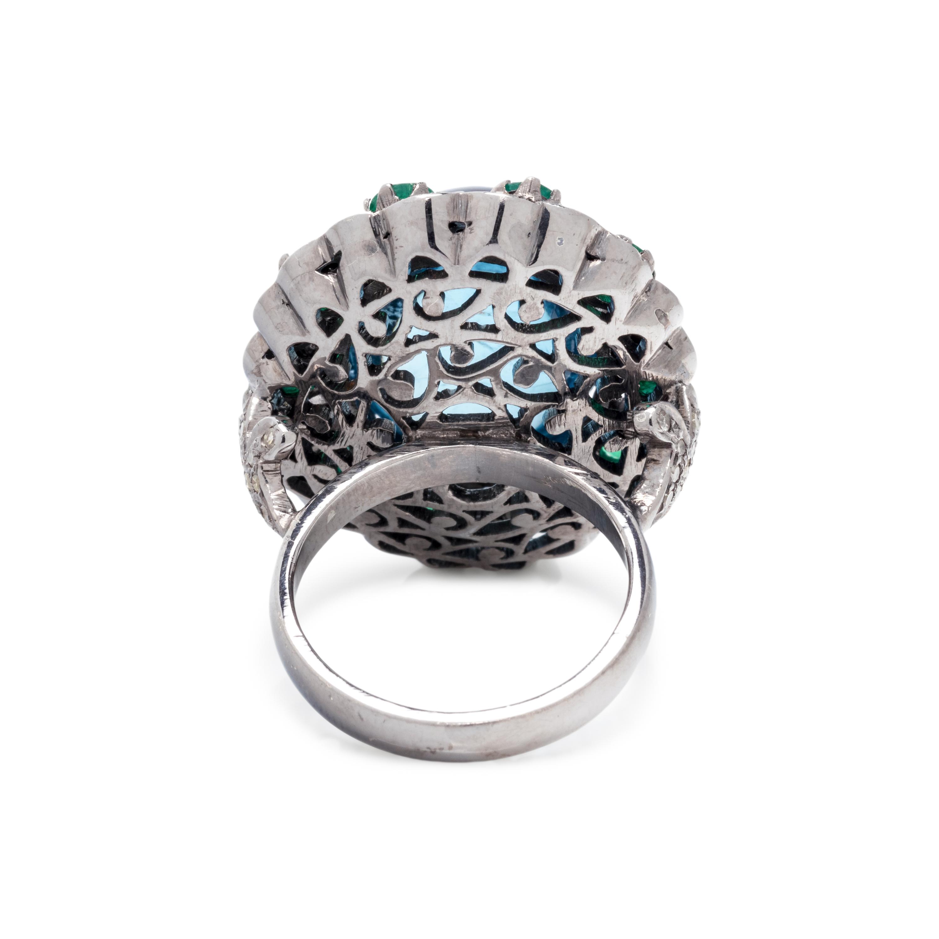 AQUAMARINE, EMERALD AND DIAMOND RING