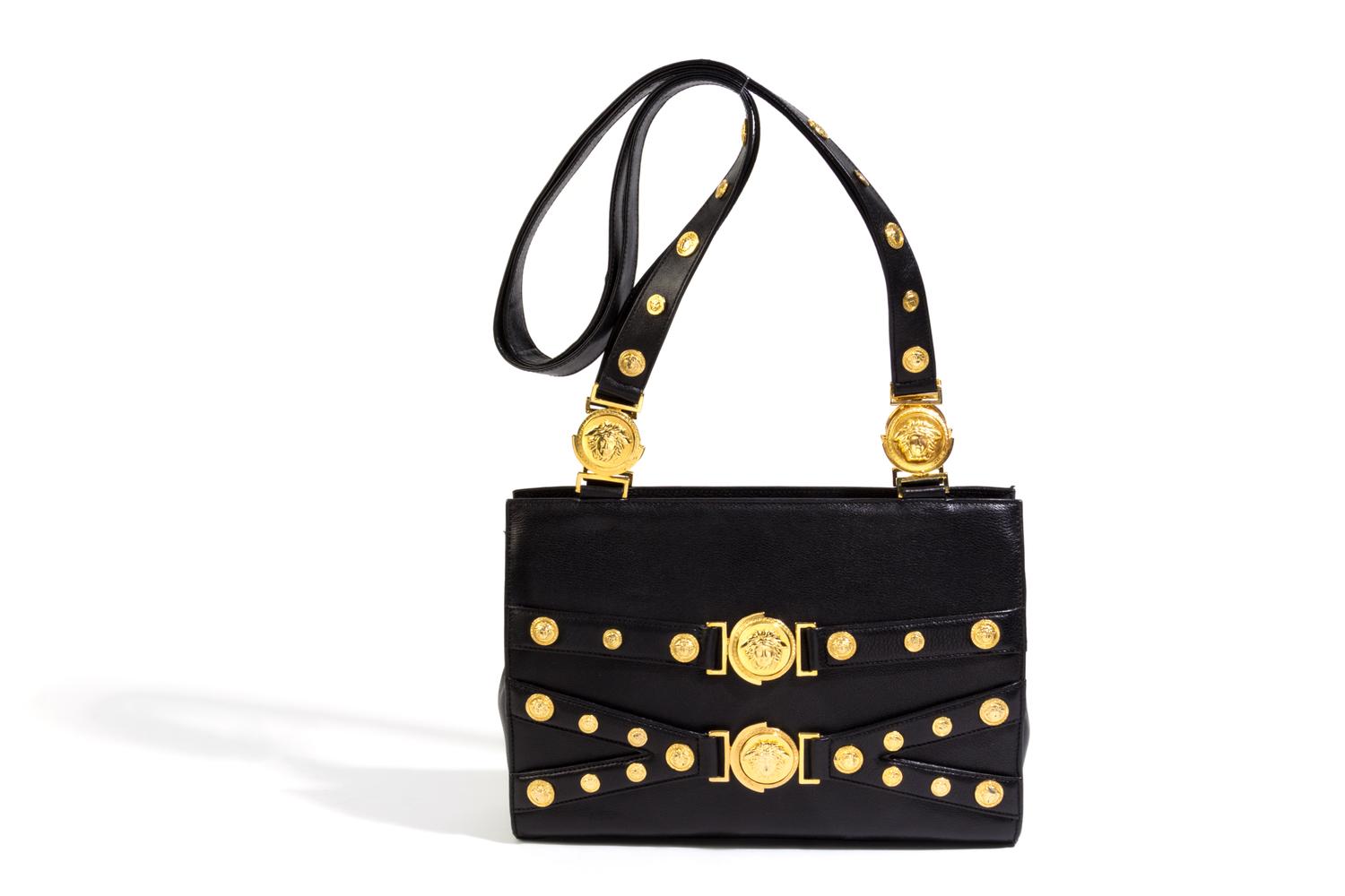A Gianni Versace Black Leather Medusa Shoulder Bag, 11.75" x 8.5" x 3.5"; Strap drop: 19.5".