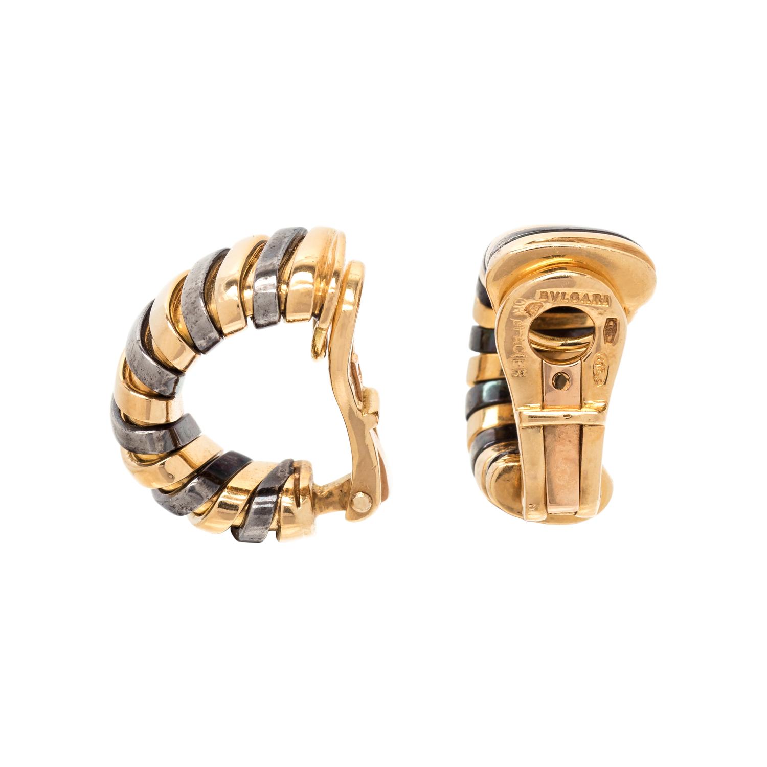 BVLGARI, YELLOW GOLD AND STEEL EARCLIPS