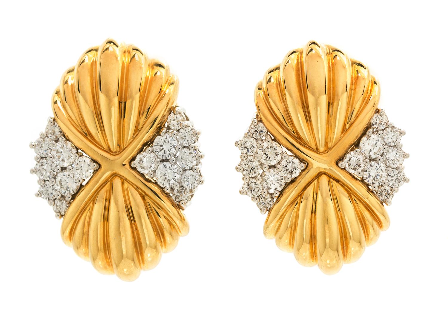 A Pair of 18 Karat Yellow Gold, Platinum and Diamond Earclips, Chaavae, 20.10 dwts.