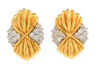 A Pair of 18 Karat Yellow Gold, Platinum and Diamond Earclips, Chaavae, 20.10 dwts.