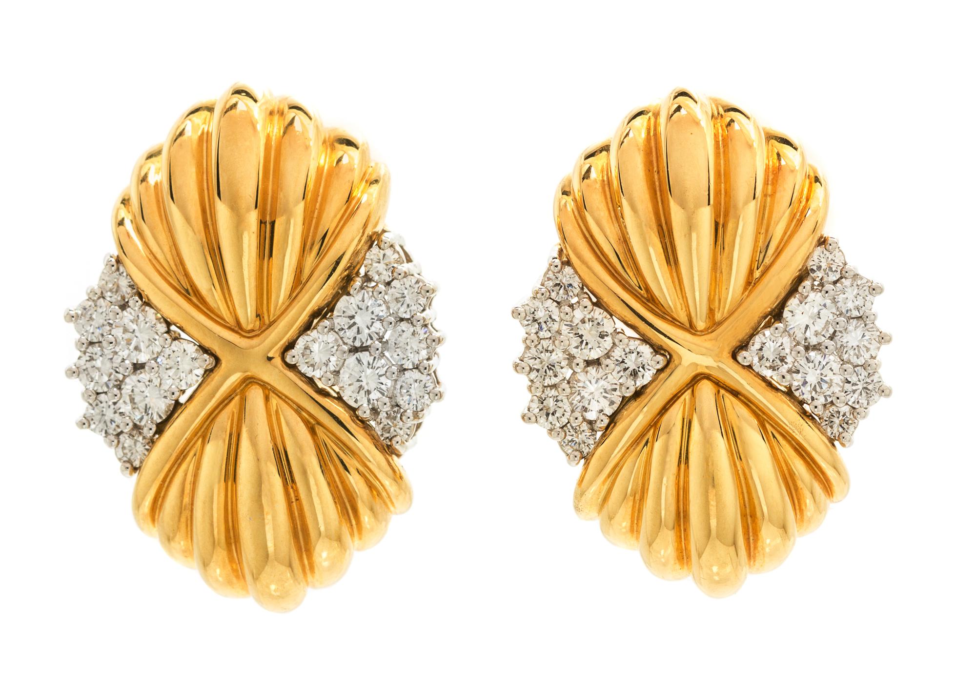 A Pair of 18 Karat Yellow Gold, Platinum and Diamond Earclips, Chaavae, 20.10 dwts.