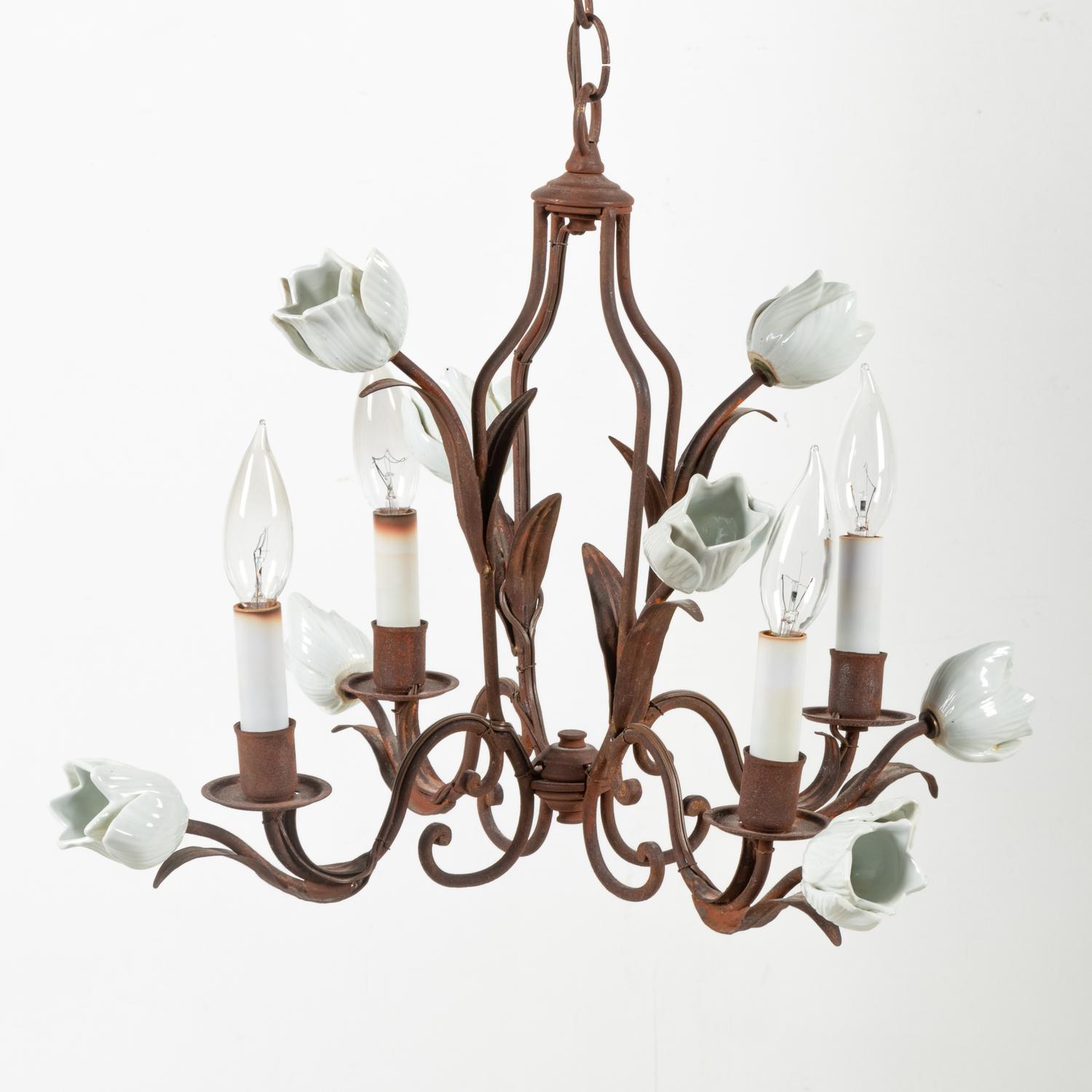 A French Opaline Glass and Tôle Four-Light Chandelier