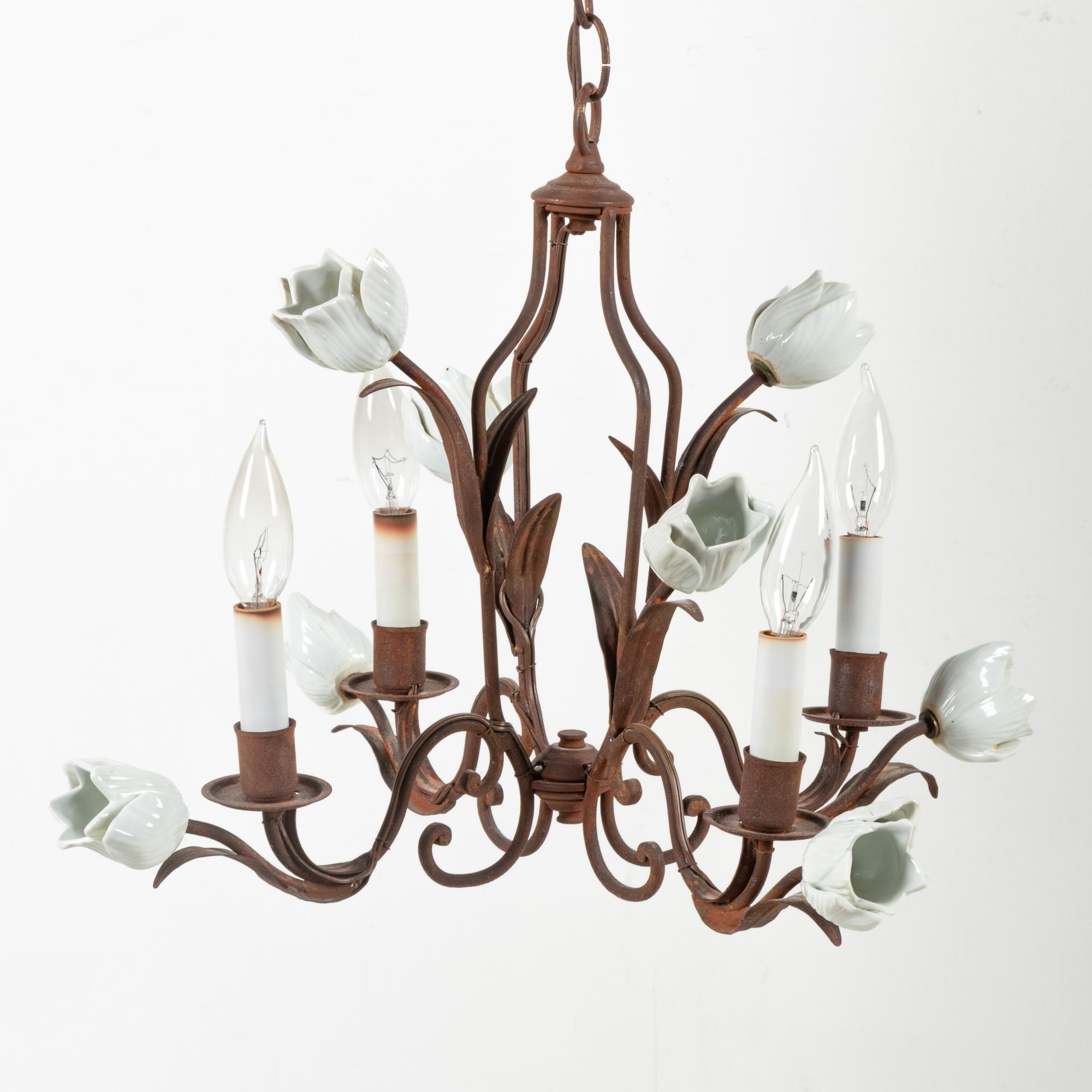 A French Opaline Glass and Tôle Four-Light Chandelier