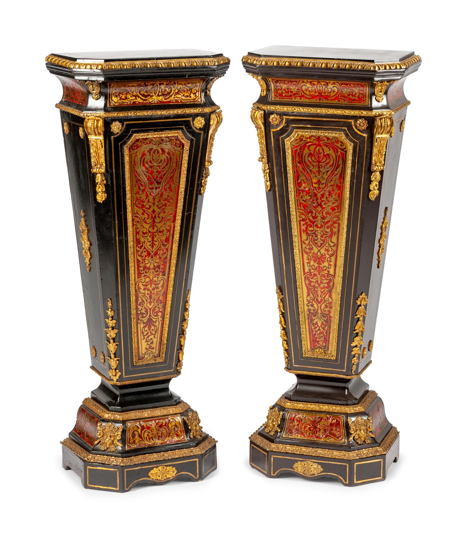 A Pair of Napoleon III Gilt Bronze Mounted Boulle Marquetry Pedestals