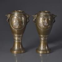 A Pair of Japanese Kaga Style Mixed Metal-Inlaid Bronze Vases, Meiji Period — 日本明治時期 銅瓶一對