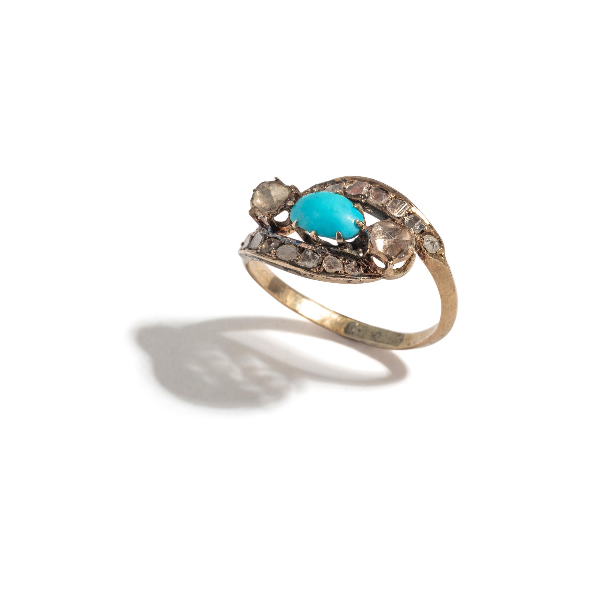 GEORGIAN, YELLOW GOLD, TURQUOISE, AND DIAMOND RING