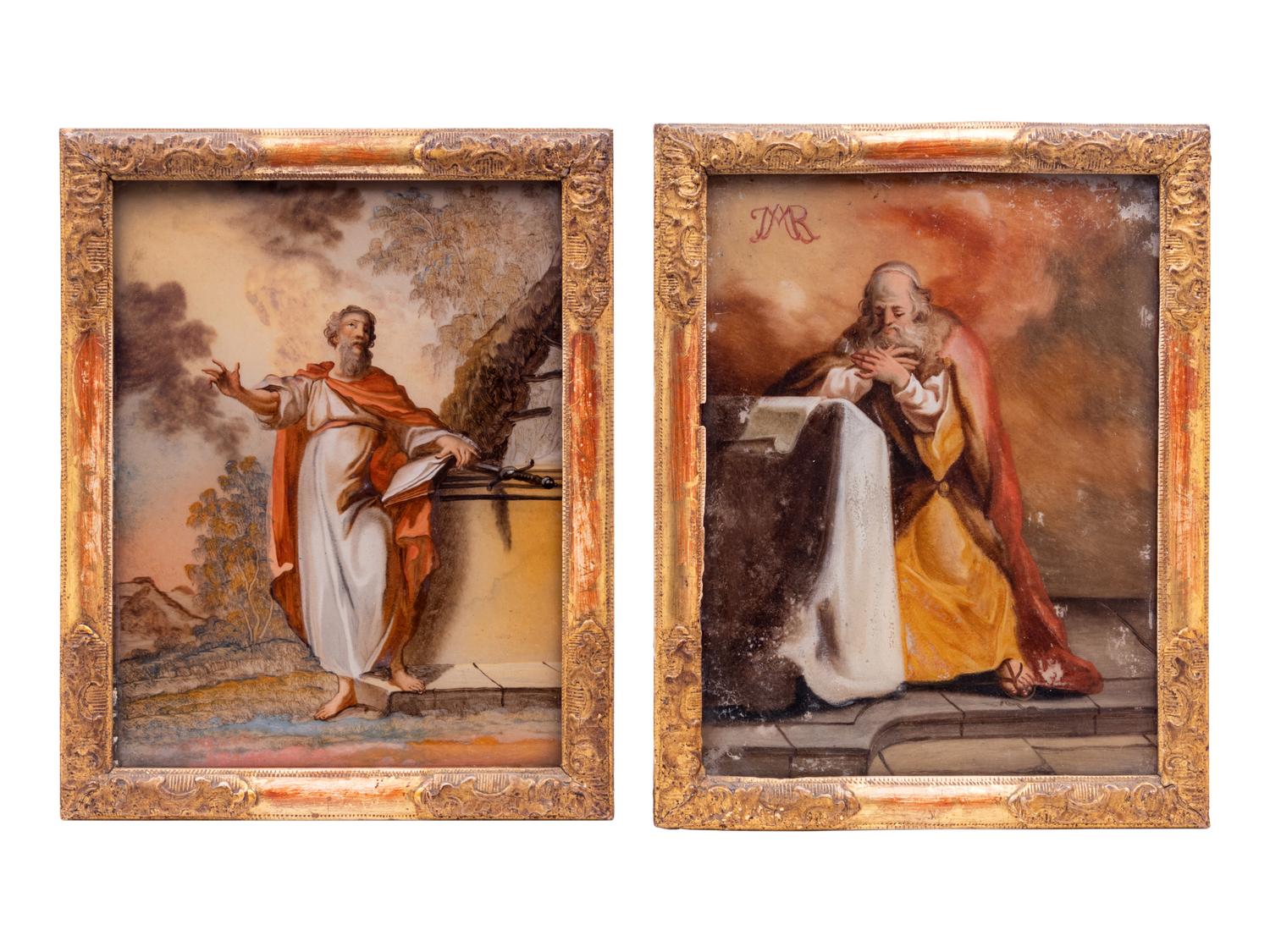 Two Continental Reverse Paintings on Glass Depicting St. Paul and St. Matthew