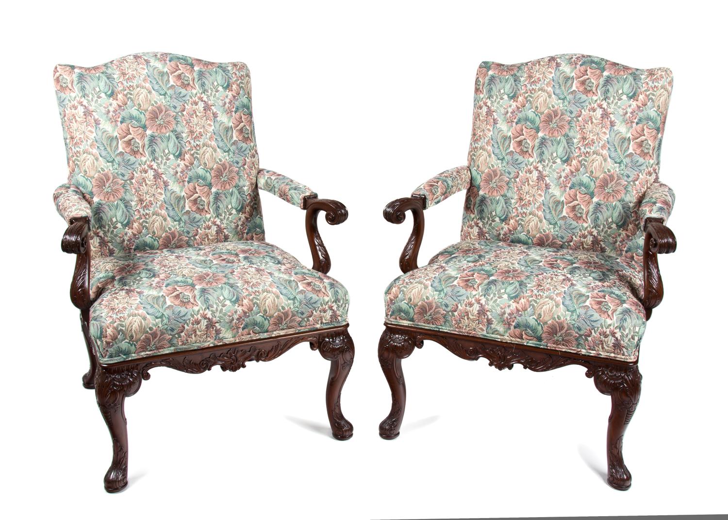 A Pair of George II Style Mahogany Open Armchairs Height 40 inches. — 20TH CENTURY