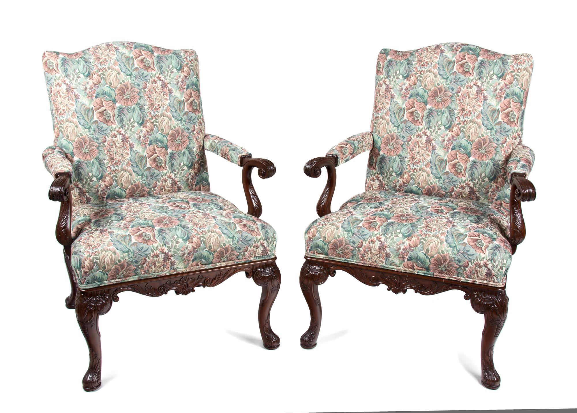 A Pair of George II Style Mahogany Open Armchairs Height 40 inches. — 20TH CENTURY