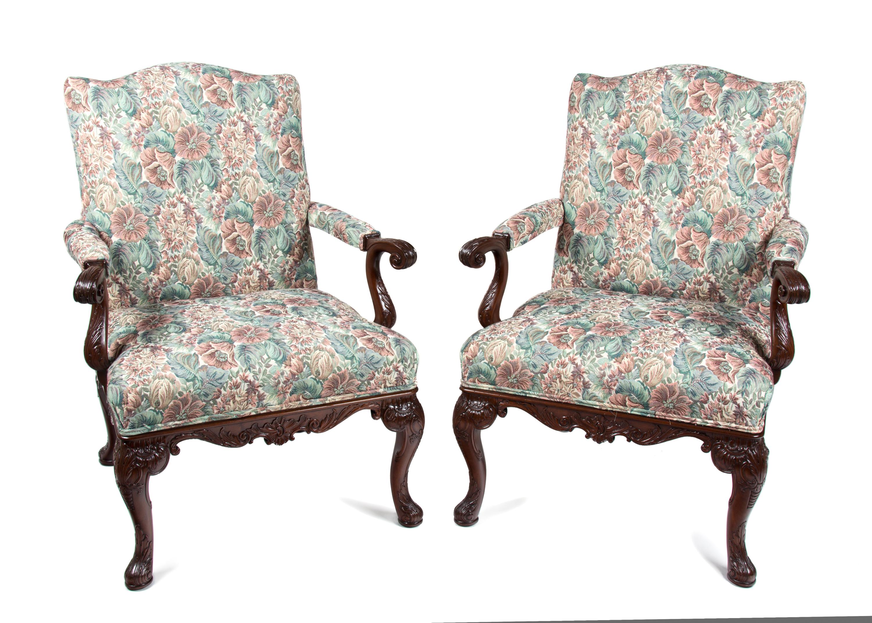 A Pair of George II Style Mahogany Open Armchairs Height 40 inches. — 20TH CENTURY
