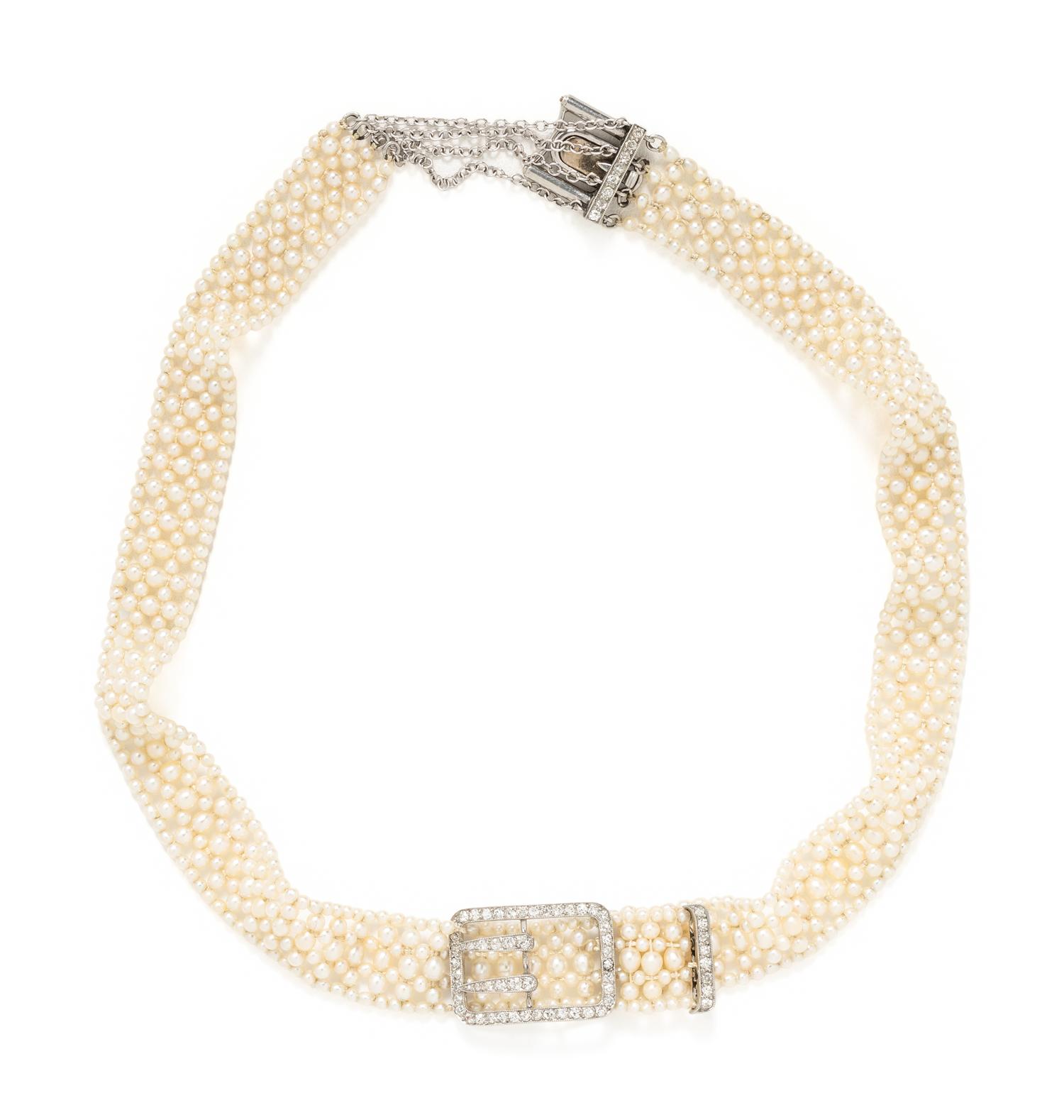 CARTIER, EDWARDIAN, SEED PEARL AND DIAMOND CHOKER NECKLACE