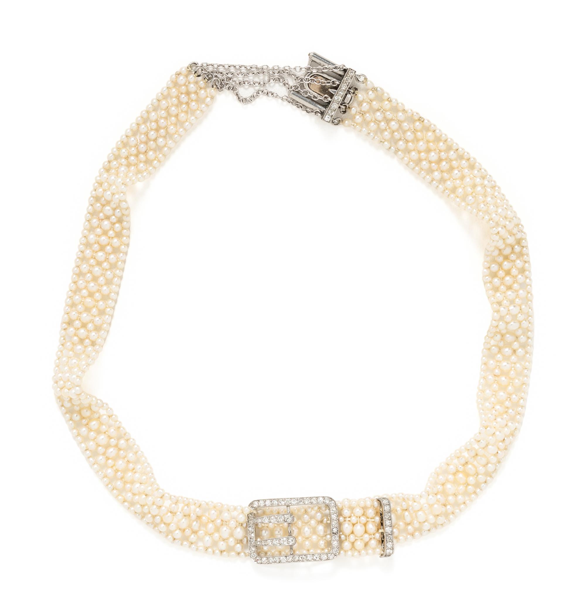 CARTIER, EDWARDIAN, SEED PEARL AND DIAMOND CHOKER NECKLACE