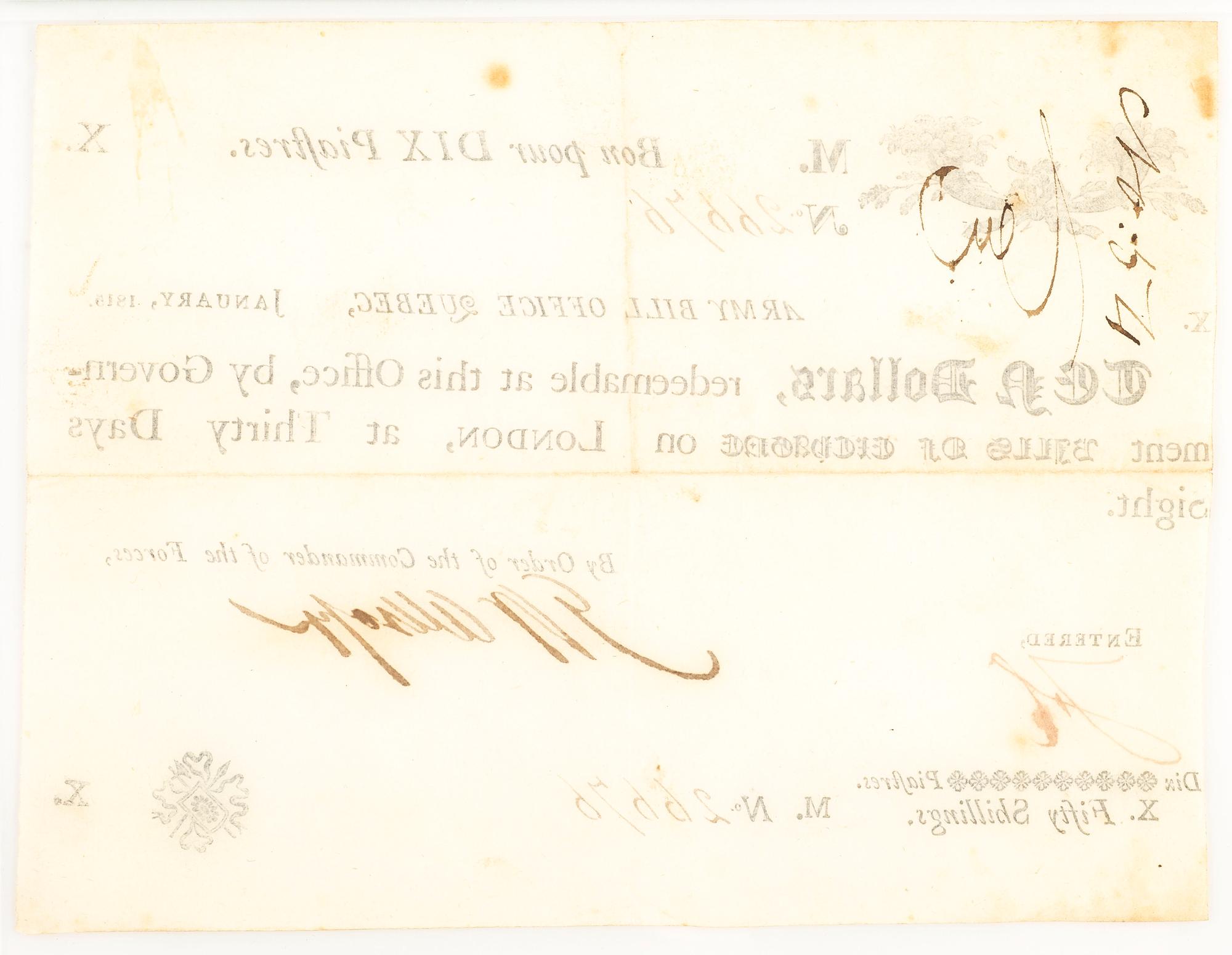 [WAR OF 1812]. Canadian Army Bill, 10 Dollar note issued January 1815.