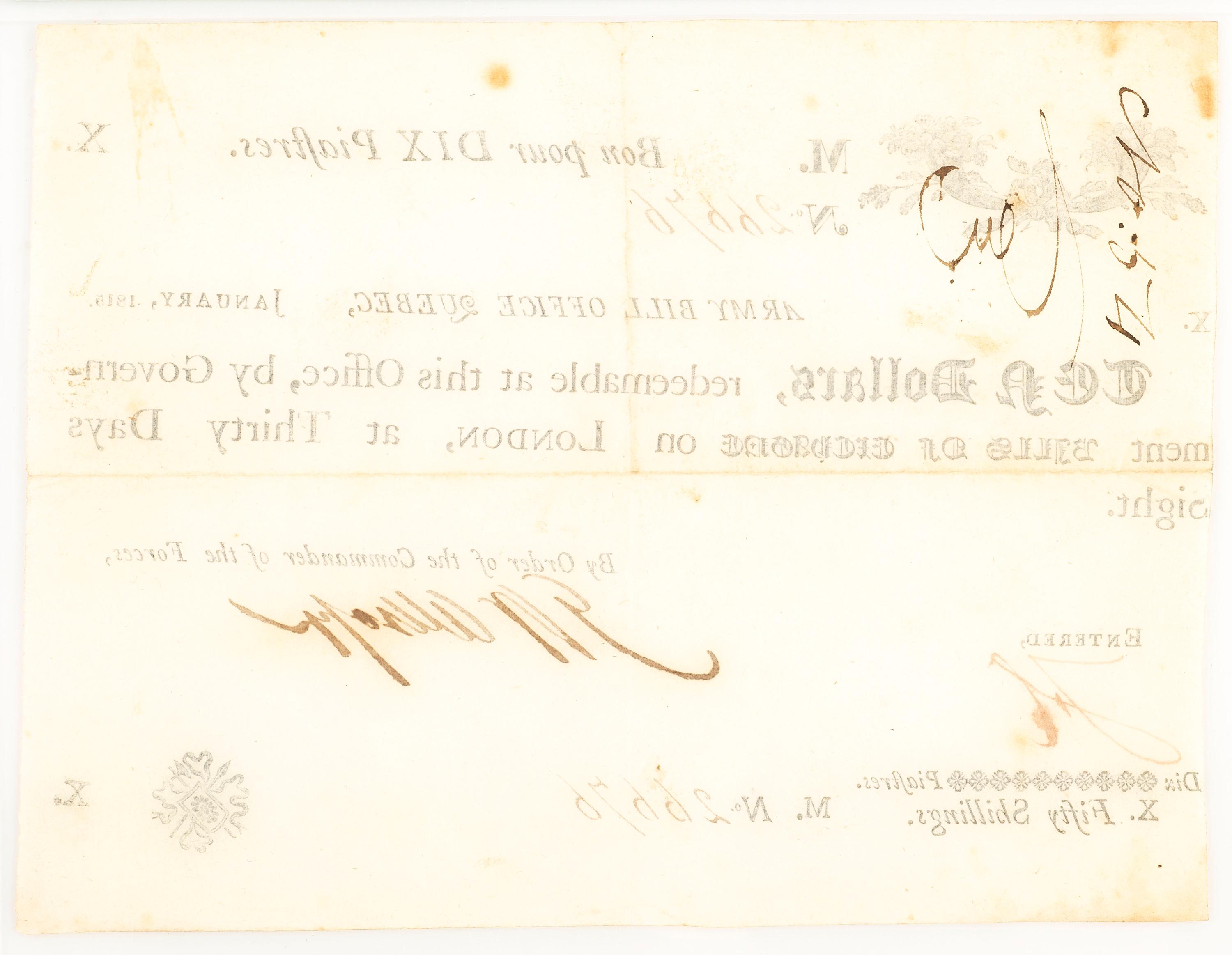 [WAR OF 1812]. Canadian Army Bill, 10 Dollar note issued January 1815.
