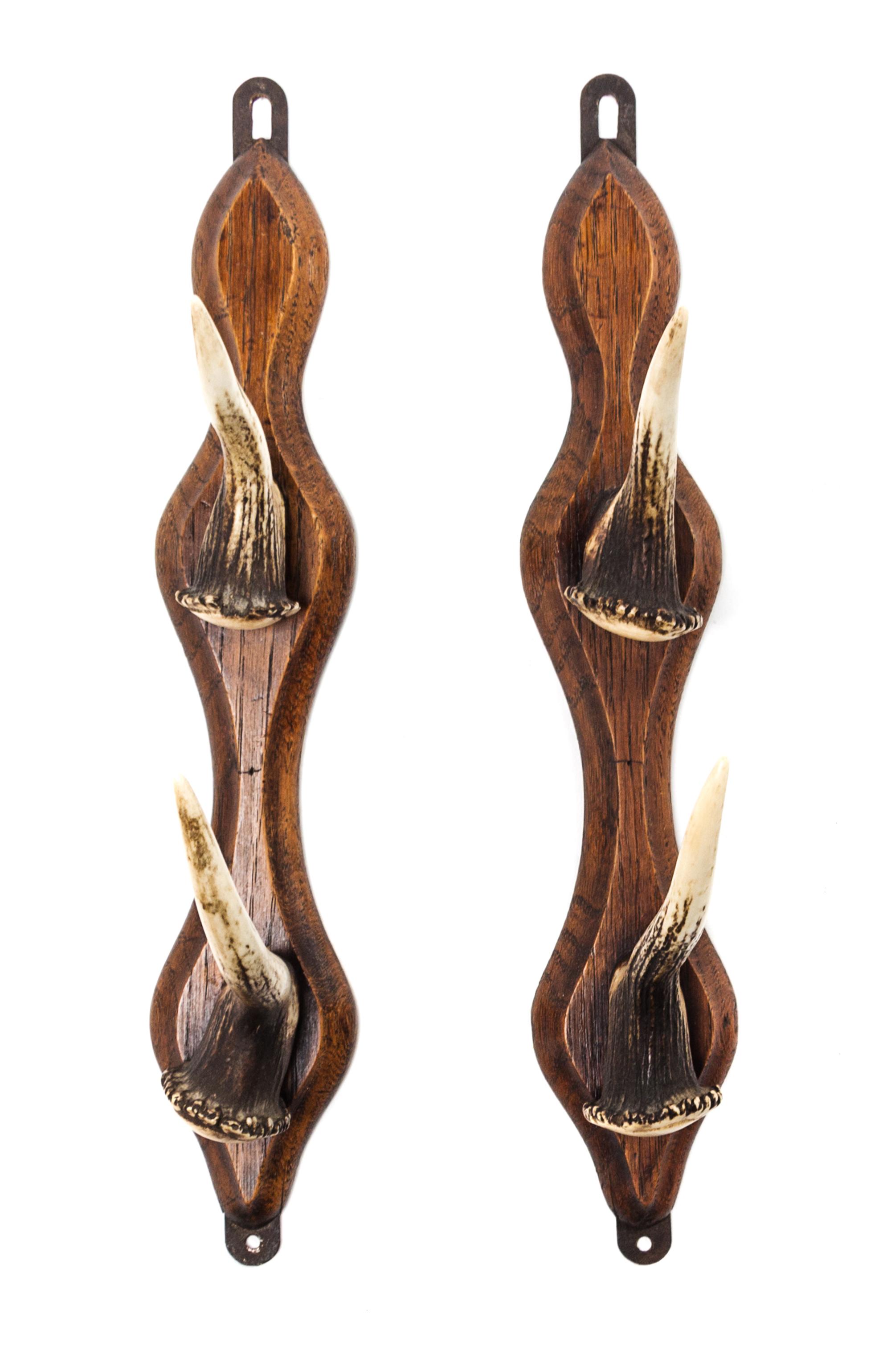 A Pair of German Horn and Oak Coat Racks Height 13 1/2 inches.