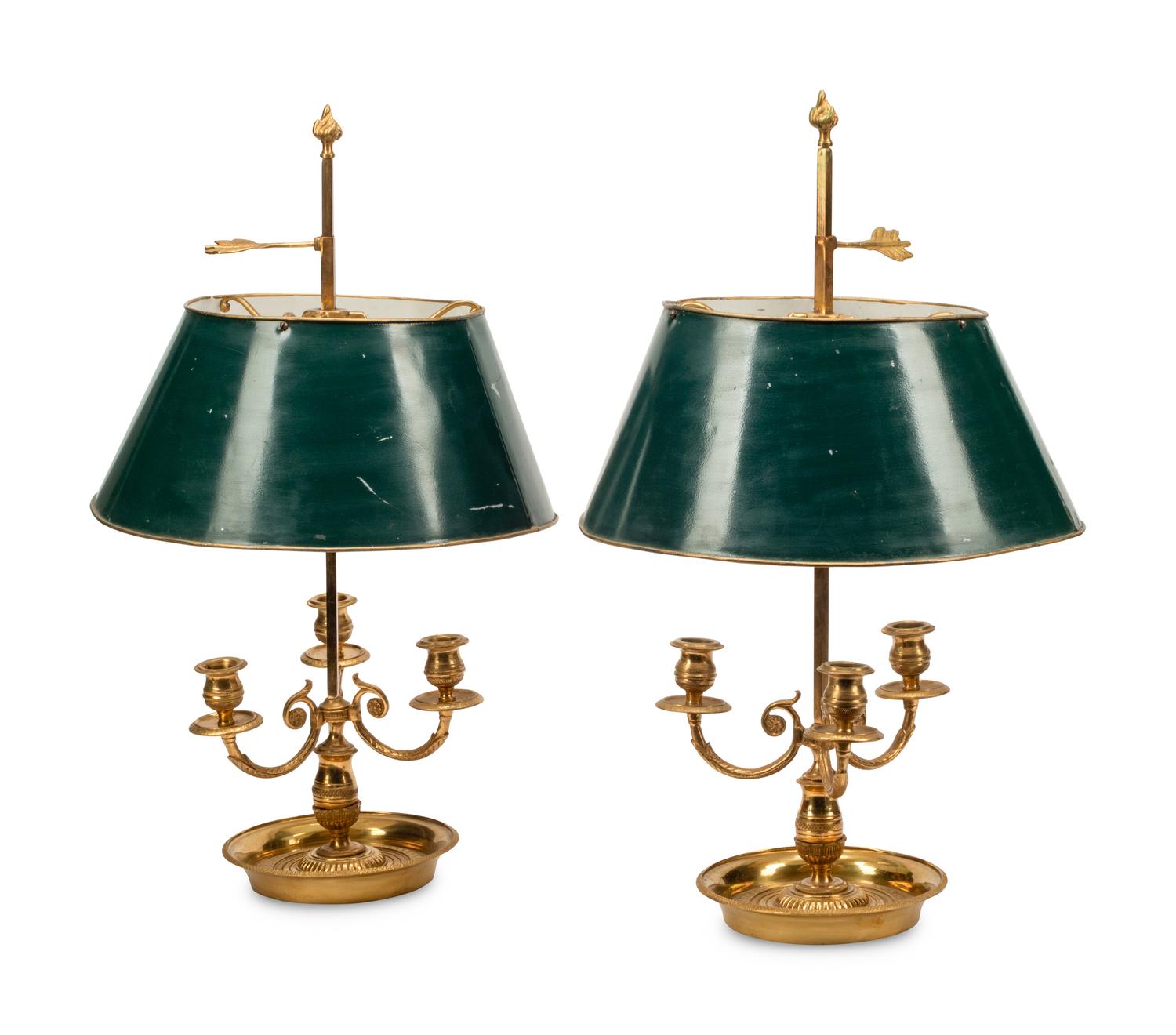 A Pair of Brass Bouillotte Lamps with Tole Shades