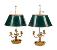 A Pair of Brass Bouillotte Lamps with Tole Shades