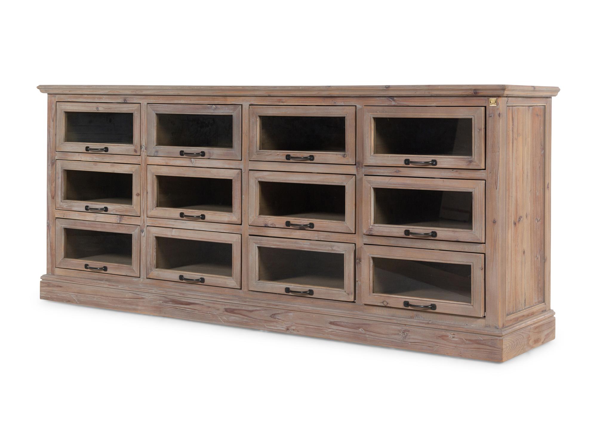 A Recycled Wood Display Cabinet with Glass-Front Drawers